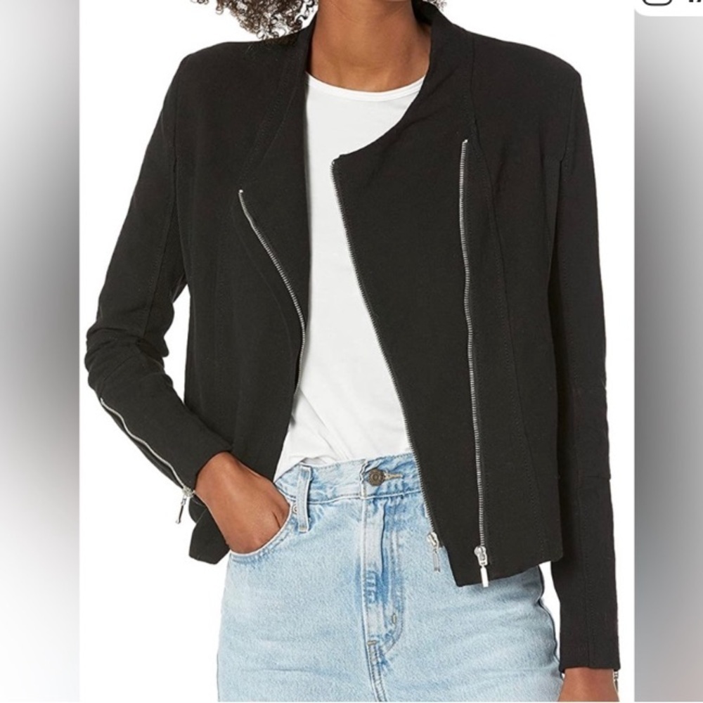 BLANKNYC Women's Crepe Mesh Detail Double Zip Moto Jacket Black Sz Small